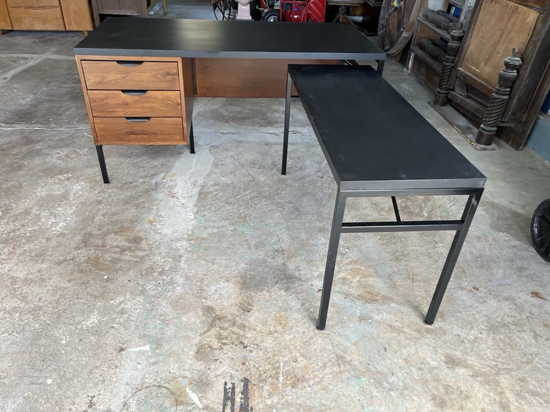 MCM Walnut & Black Steel Lehigh Leopold Desk & Side Desk Black Formica Tops 