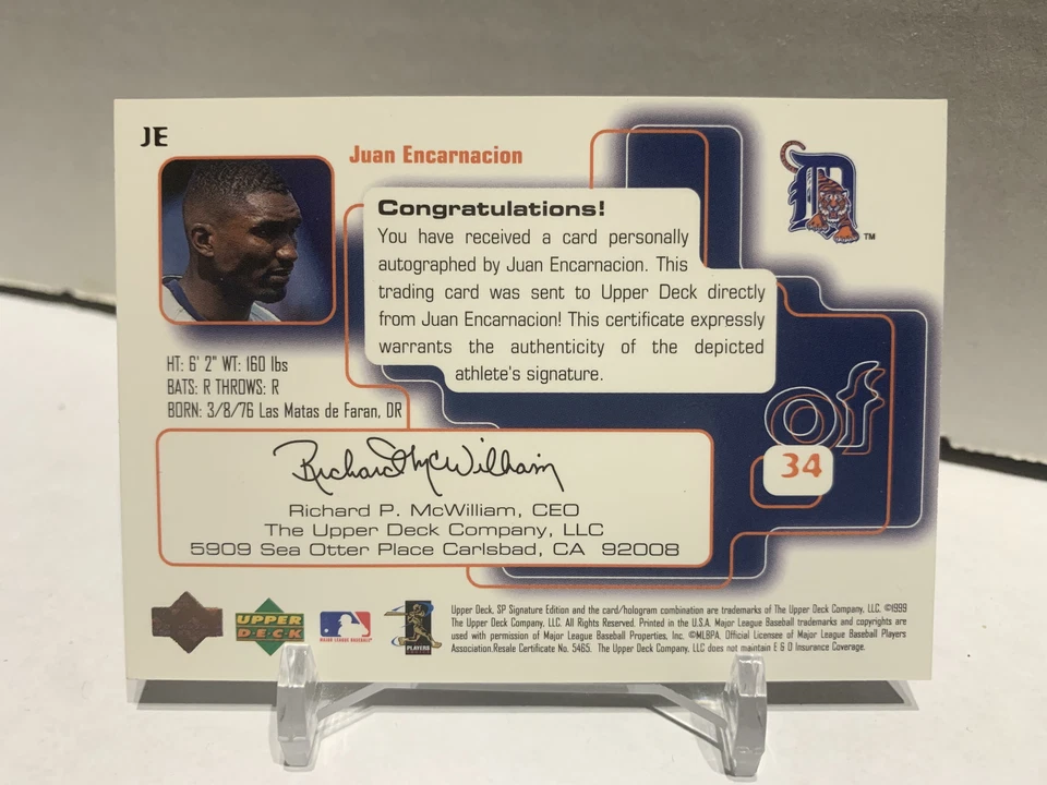 Juan Encarnación 1999 UD SP Edición Signature Autógrafo Detroit Tigers Foto 2 de 2