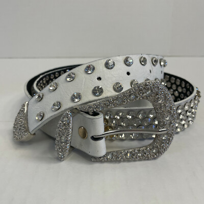 Western Belt Womens Sz L White Geniune Leather Rhinestone