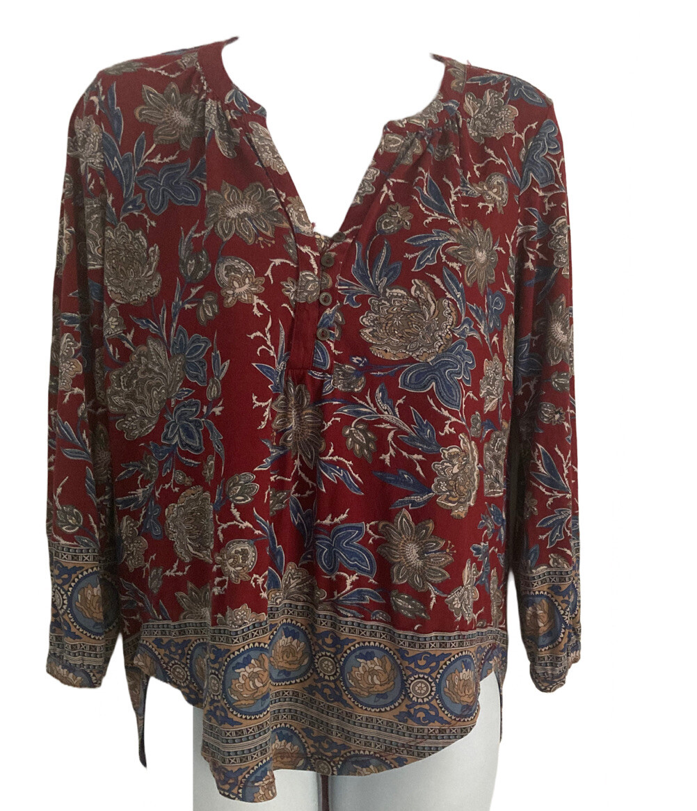 Lucky Brand Henley Top Womens XS Multicolor Floral Long Sleeve V