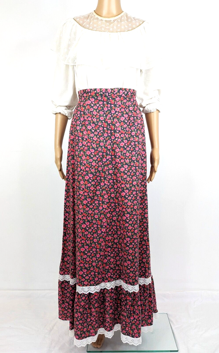 Handmade Vintage 70s Black Pink Red Ditsy Floral print maxi skirt