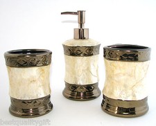 3 PC SET COPPER CERAMIC+IVORY SHELL SOAP DISPENSER+TOOTHBRUSH HOLDER+TUMBLER-NEW