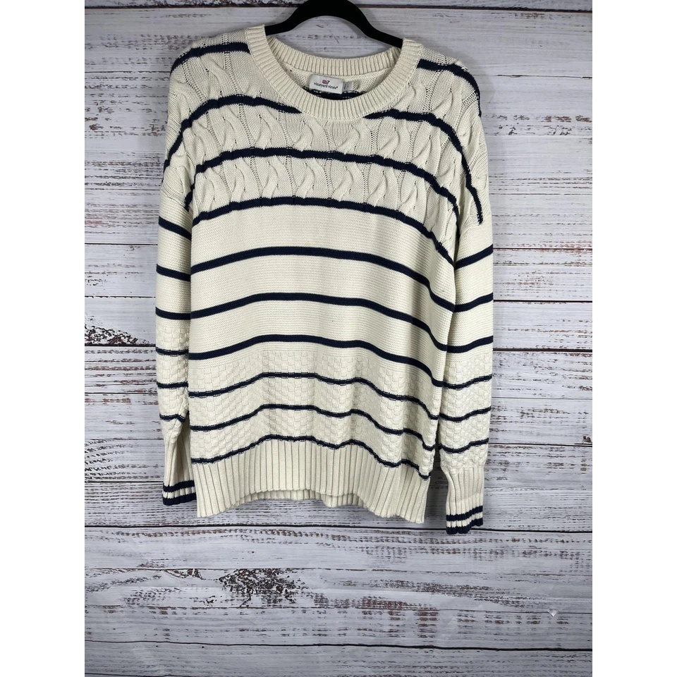 Suéter para mujer Vineyard Vines grande marfil azul marino a rayas tejido con cable Foto 2 de 4