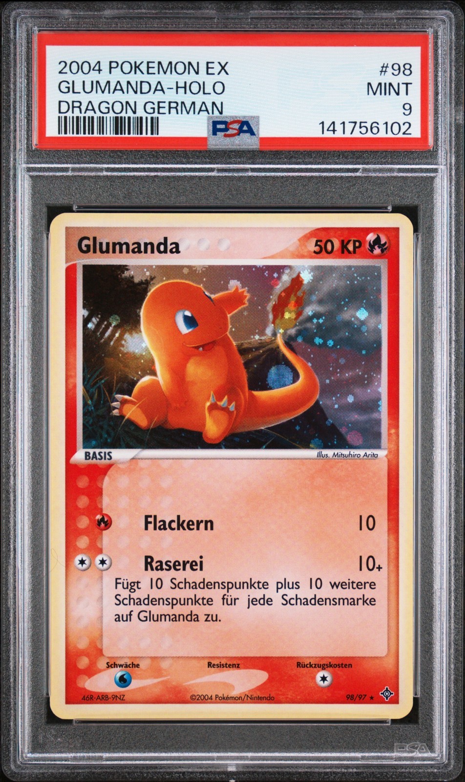 2004 Pokemon EX Card Charmander (Glumanda) Holo #98 PSA 9 MINT GERMAN 