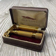 Vintage Gillette Gold Tone Aristocrat Safety Razor with Case Blade Holder