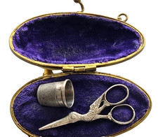 Antique Victorian Miniature Child Sewing Etui Sterling Stork Scissor Thimble MOP