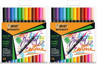 2 x BIC Intensity, Dual Zwei Spitze Filzstifte, Pinsel / feine Spitze, 12 Farben