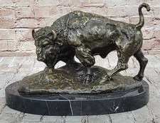 Barye Bronze Marble Base American Buffalo Art Deco Statue Figurine Sculpture Art