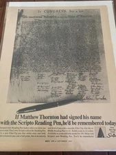 Vintage 1967 Scripto Pen Declaration Of Independence Matthew Thornton ad