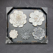 ELICO LTD 5PC 3D RESIN FLORAL WALL DECOR SET WHITE & GREY w/GOLD TRIM HOME ACCEN