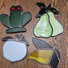Vintage Stained Glass Window SUNCATCHER Lot of 4 (frog, pear, bee, apple)