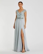 Mac Duggal Blue Embellished Chiffon Cap Sleeve A-Line Gown