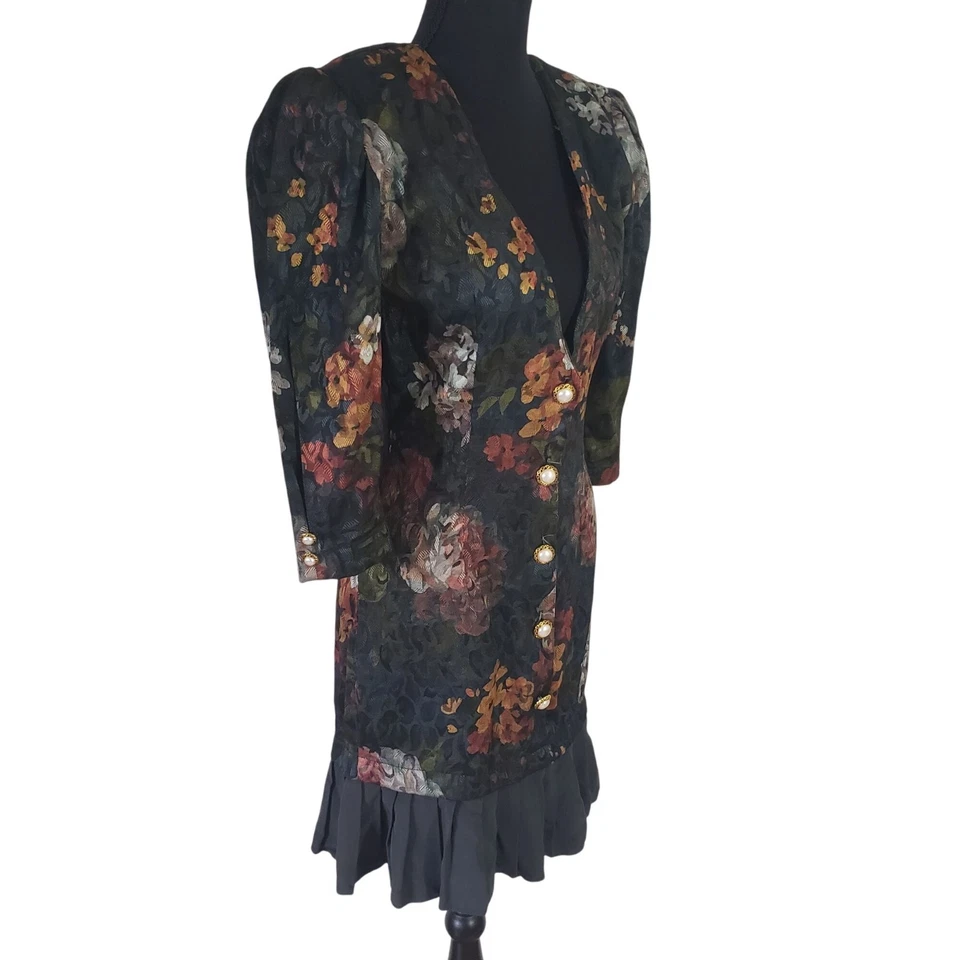 Vestido Blazer Vintage Años 90 Para Mujer Tapiz Floral Brocado Talla 3 Volantes Fiesta Foto 3 de 4