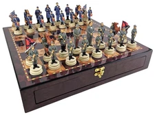 LARGE 4 1/2" KING US Civil War Generals Chess Set 20" Cherry Color Storage Board