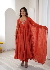 Orange Georgette Designer Anarkali Gown With Dupatta For Indian Wedding Wear