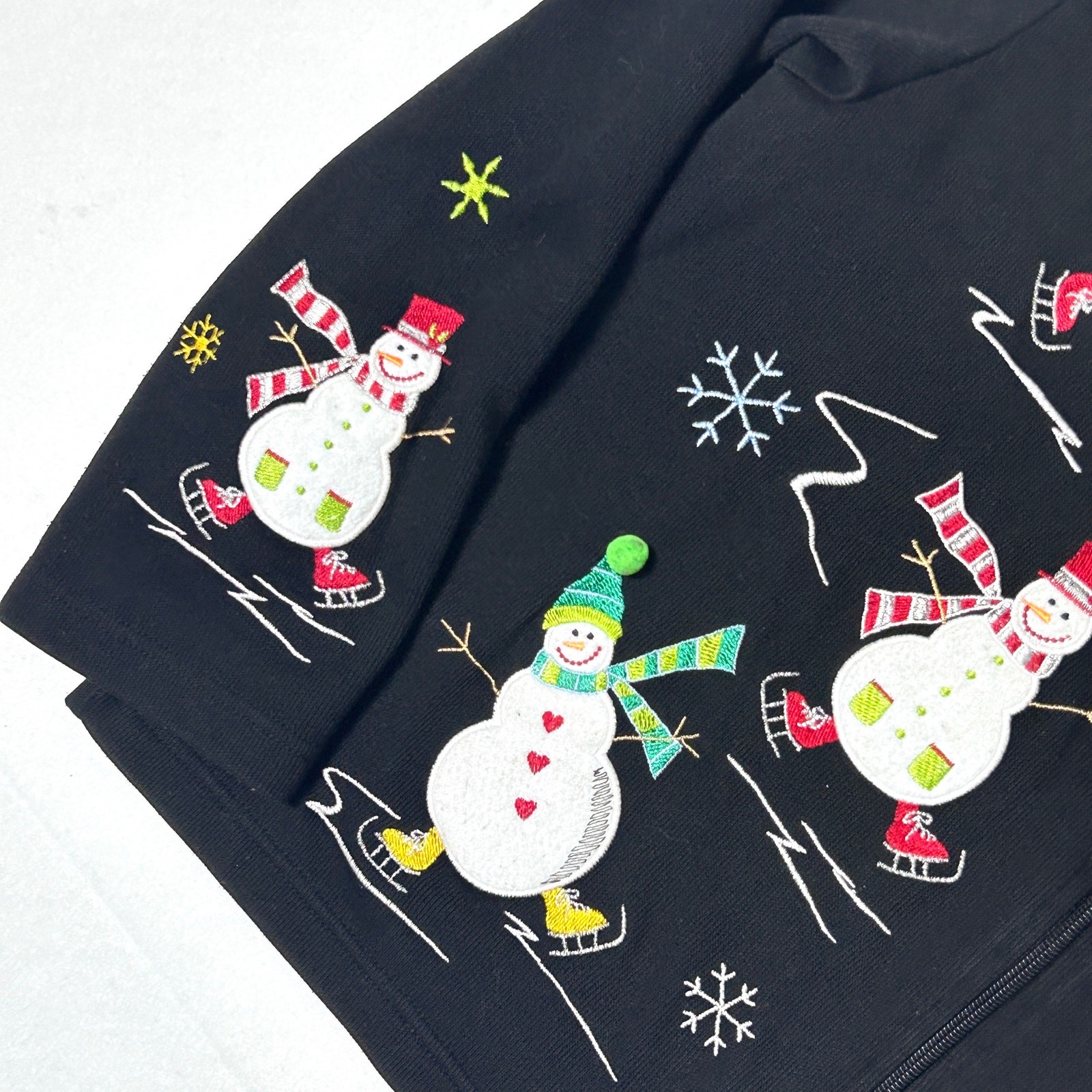 Vintage Embroidered Snowman Christmas Zip Sweatshirt Jacket Women's Black Size L image 8