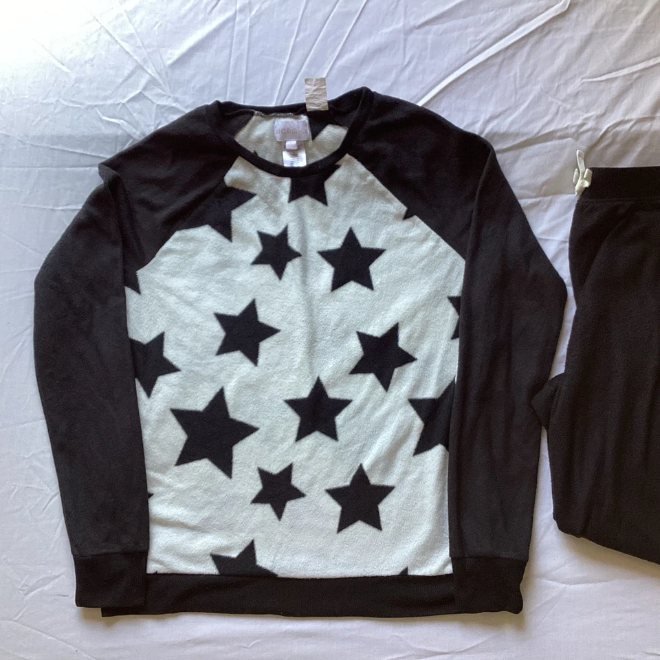 BCBG Girls 2pc Long Sleeve Top jogger Pant Pj Set Black Stars L 14/16 Fleece - Image 2 of 4