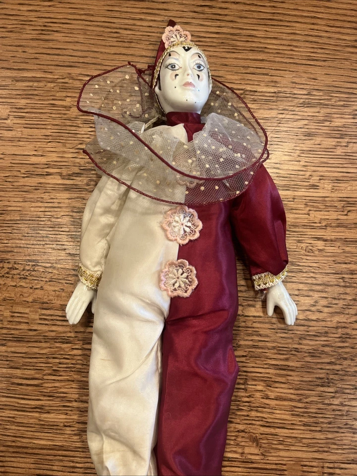 Vintage HARLEQUIN Porcelain Doll Jester Clown White And Red Costume 1980s - Image 2 of 4