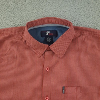 OCI Shirt Mens XL Red Check Tiki Border Print Short Sleeve Button Front Casual