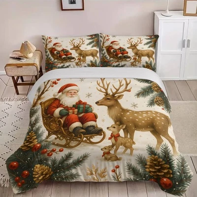 Happy Christmas Tree Merry Xmas Santa Claus Elk Snowman Gift Car Quilt Cover Set - image 1 of 4