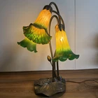 VTG Tiffany Style Lily Pad Table Lamp 3 Arm Amber &  Green Frosted Tulip Shades