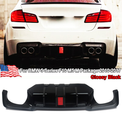 Glossy Black Rear Diffuser w/Red LED Light For 2006-2017 BMW F10 540i M5 M Sport