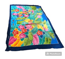 Coco Mango Large Tropical Floral Foliage Blue Border Sarong Wrap Tahiti NWT