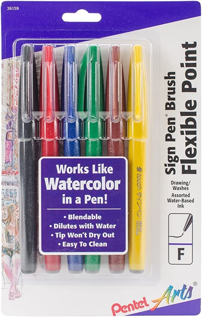 Pentel Arts Sign Pen Touch, Fude Brush Tip, Assorted Colors, Pack of 6