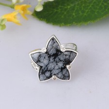 Authentic Moonflower Snowflake Obsidian With CZ Silver Rings For Valentine Gift