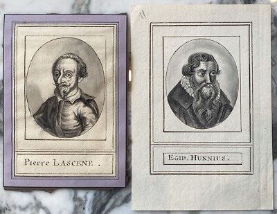 Two 2 Old Master Drawings: Pierre Lascene, Aegidius Hunnius, Ink Wash Engravings