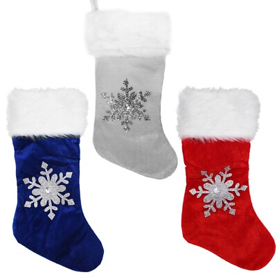 Weihnachtsstrumpf Velour mit Weißem Pelz Rand Und Silber Gem Schneeflocke 45cm