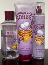 Bath & Body Works LOT OF 3 CANDIED VIOLET SORBET  Body Cream- Mist -Shower Gel