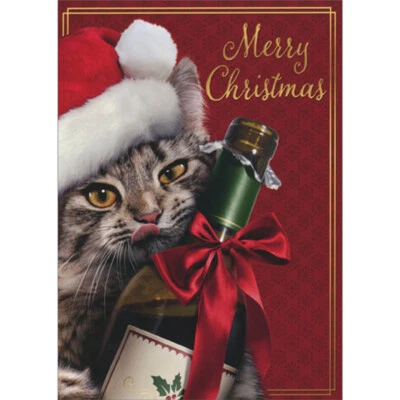 AVANTI PRESS Gray Cat in Santa Hat Licking Lips and Holding Wine Bottle Funny Christmas Card