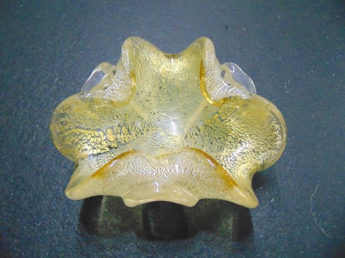 VTG MURANO PETAL BOWL VENETIA YELLOW SILVER GOLD LEAF FOIL GORGEOUS MINT