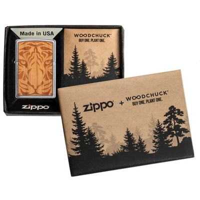 ORIGINAL Zippo Feuerzeug WOODCHUCK TIGER FACE Cherry Wood Brushed Chrome NEU