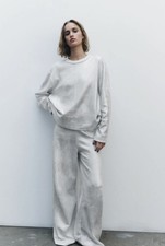 Zara Soft Metallic Knit Pants Size Small Silver White