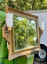 1970s Ornate Gold Frame Built in Recessed Dbl Medicine Cabinet Mirror w/Sconces