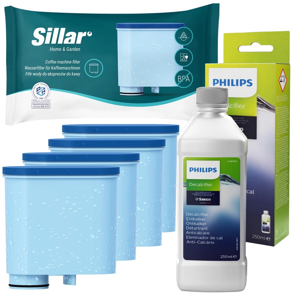 SILLAR 4x Wasserfilter, ersetzt Saeco AquaClean CA6903 + Entkalker Philips CA6700 250ml