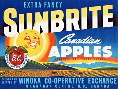 SUNBRITE Brand Ex Fcy Canadian Apples Original Fruit Crate Label B.C. Canada
