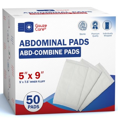 GauzeCare Sterile Abdominal- ABD Combine Pads| 50-Pack, 5 x 9 Inches| Extra A...