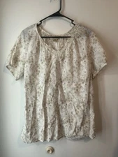 Woolrich Short Sleeve Blouse Floral Beige Lightweight Cotton Size Large