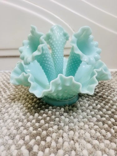 FENTON Epergne Hobnail Mint Green Glass Three Horns 6-1/2" tall x 8" Dia.