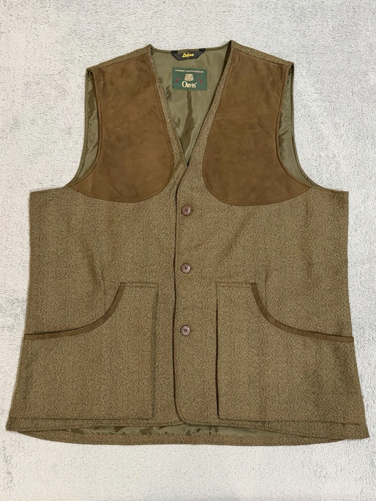 Vintage Laksen x Orvis Men’s XL Herringbone Tweed Hunting Vest Sueded Shoulders