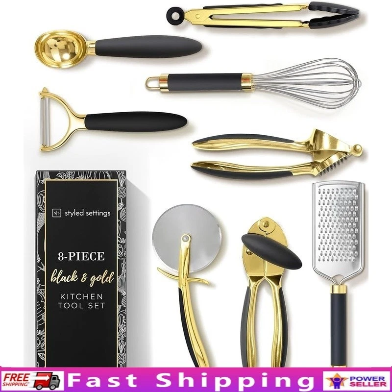 8 Piece Gold Kitchen Utensils Set Mini Whisk Grater Can Opener Pizza Cutter New
