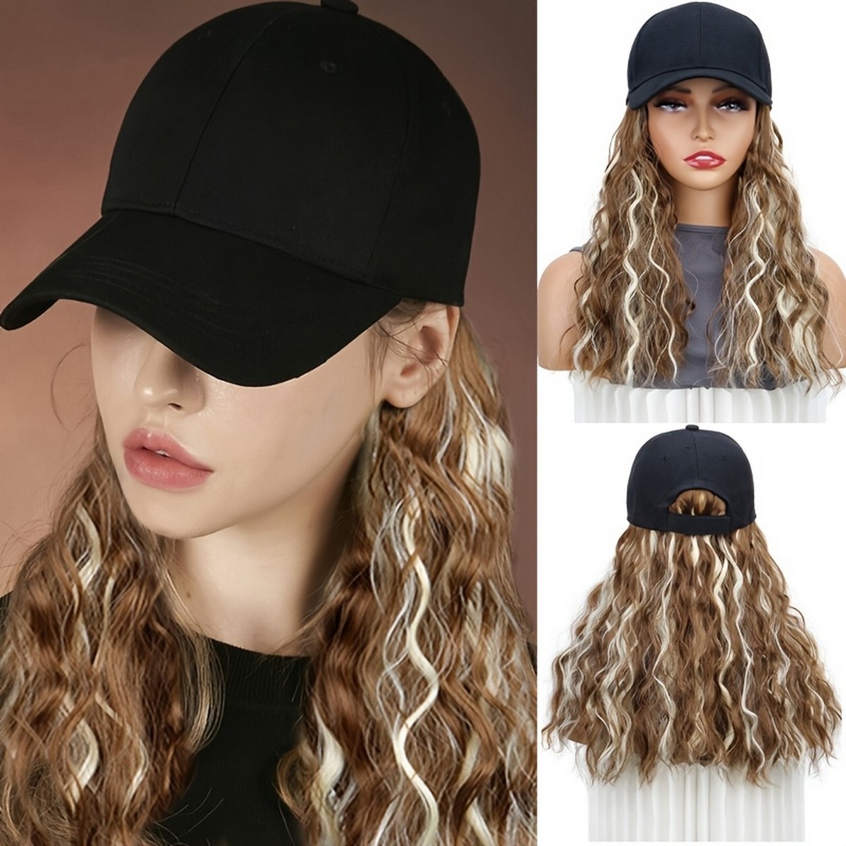 Women Hat Wig Curly Synthetic Hair Wave Adjustable Baseball Cap Costume Amazon.com : AliRobam Synthetic Wig Hat with Natural Wave  main image 4