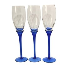 3 Calla Lily Champagne Flutes Glasses 10" floral swirl optic bowls cobalt blue