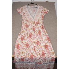 Boho Pink Orange Floral V-Neck Maxi Dress Short Sleeve Border Print Sz L