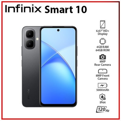 (New) Infinix Smart 10 4GB+64GB BLACK Dual SIM Unlocked Android Mobile Phone
