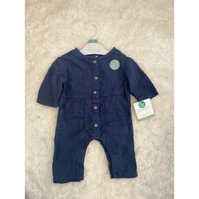 Carter's Little Planet Organic Baby Gauze Buttoned Romper Jumpsuit - Blue 3M