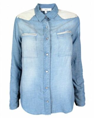 IRO TRAVIS Snap Front Shirt Blue Lambskin Leather inserts accent Long roll Zero